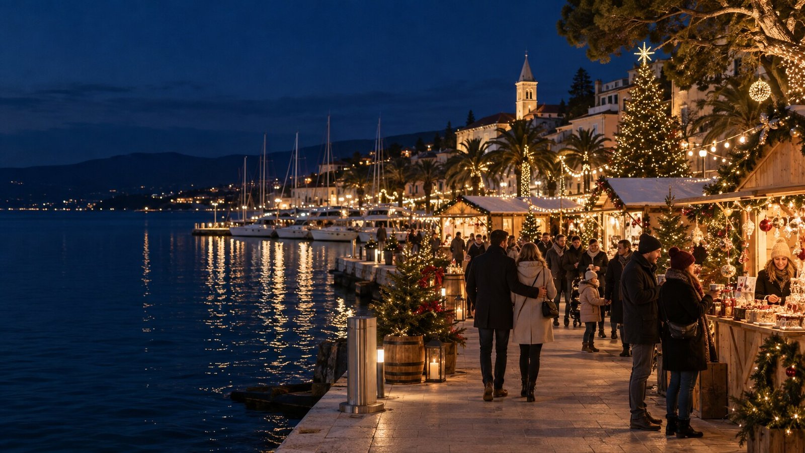 Christmas lights and gathering places beside an Adriatic marina